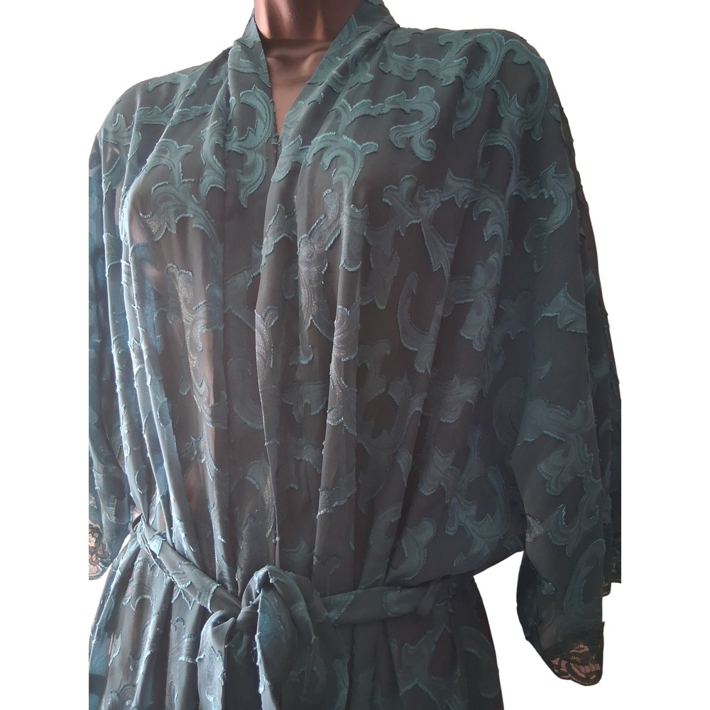 Fredericks of Hollywood Teal Sheer Mesh Lace Trim Robe Damask Scroll Vintage L‎ - Picture 12 of 12